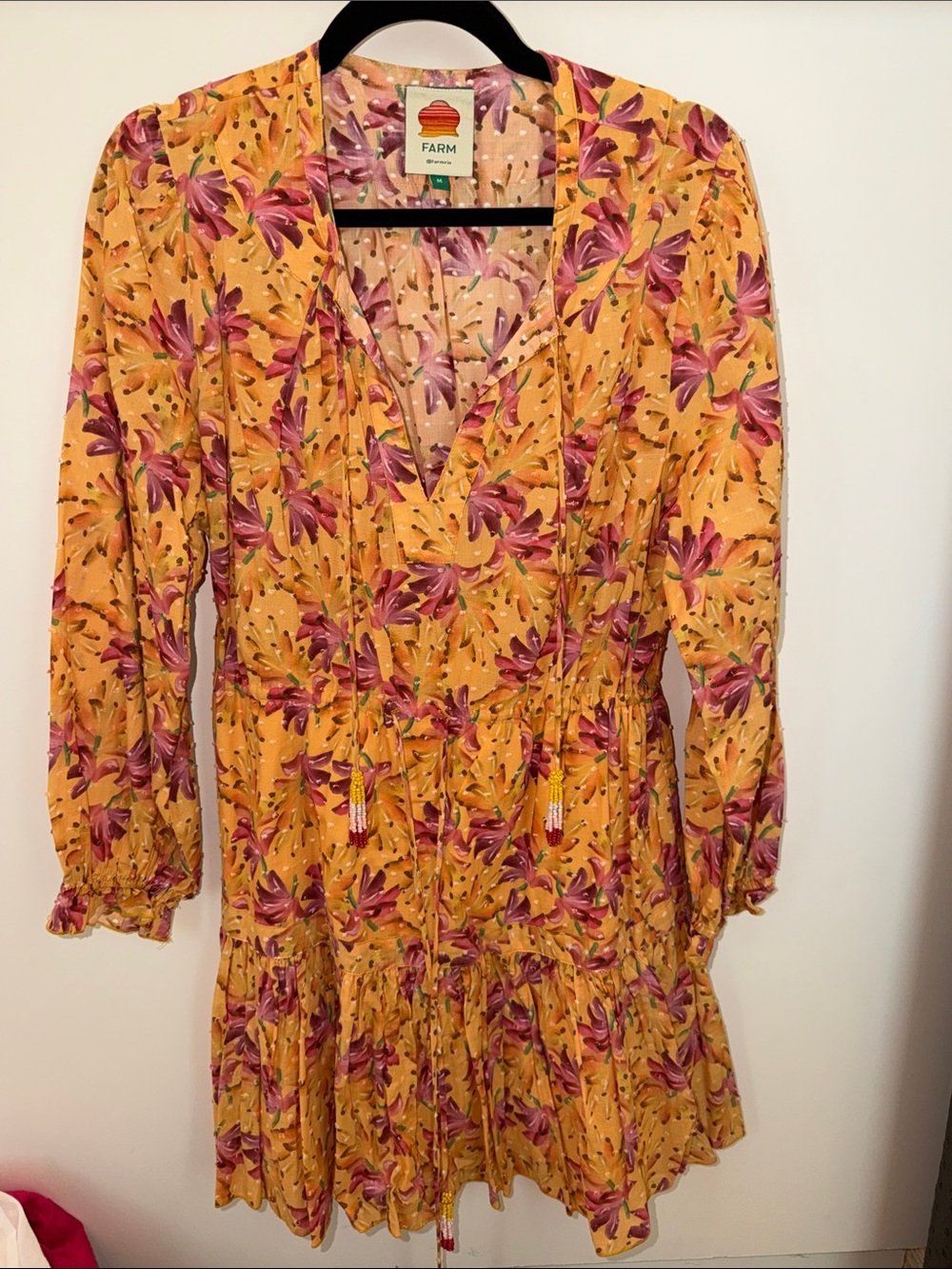 FARM Rio Mustard Yellow Floral Long Sleeve Tiered Dress